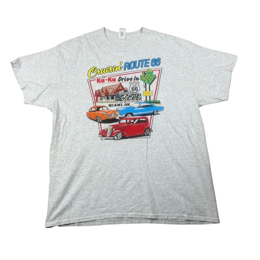Gildan Mens XL Cruisin Route 66 Ku-Ku Drive In Miami OK Classic Car T-Shirt Gray